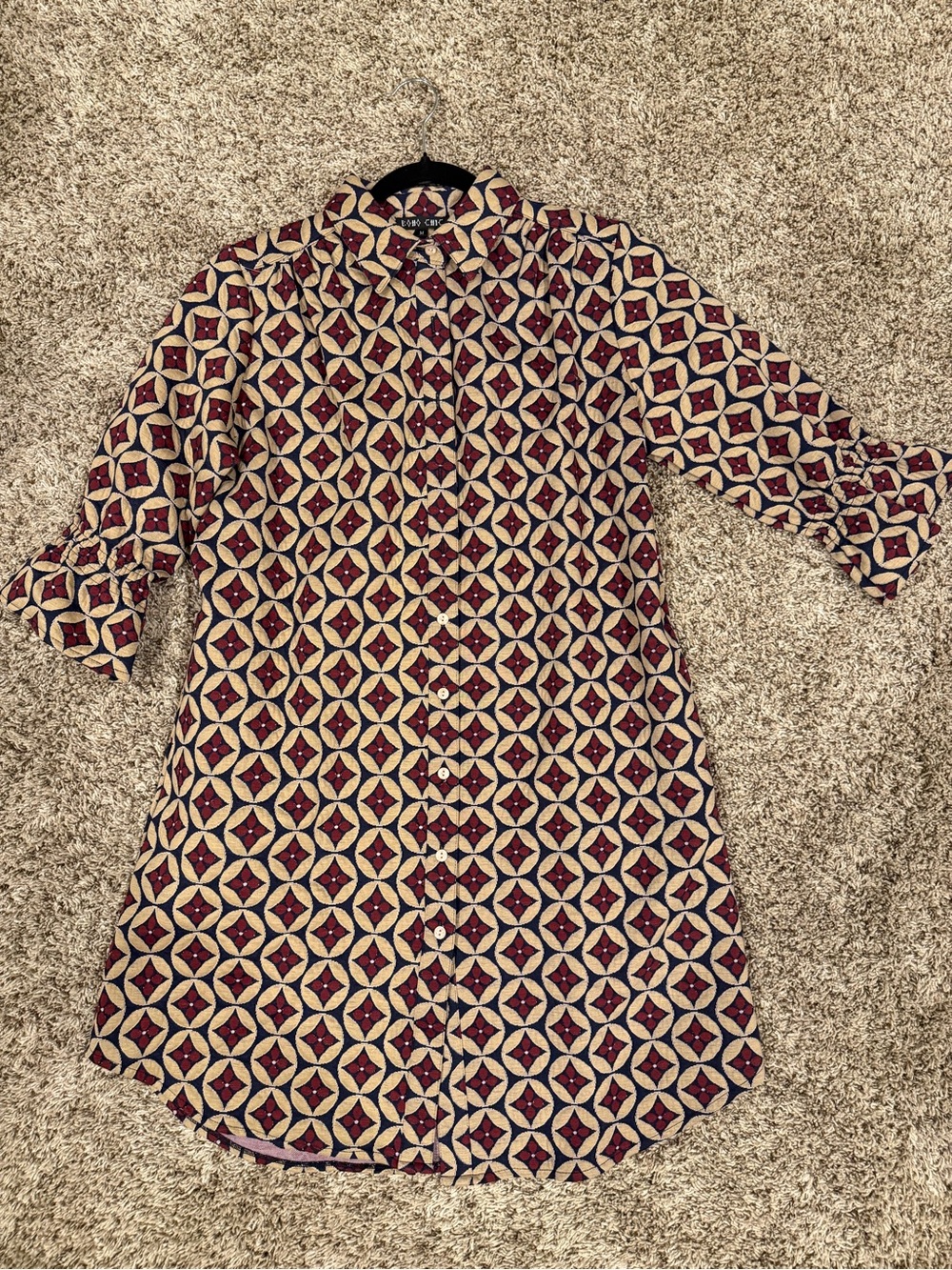 Casual Button-Down Shirt Dress in Burgundy and Cream Geometric